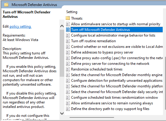 Defender Configuration Screenshot